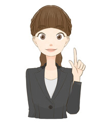 笑顔で説明するスーツを着た女性