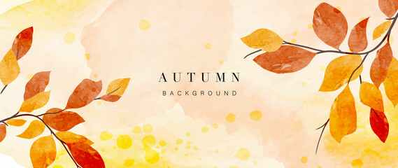 Autumn background vector. Hand painted watercolor and gold brush texture, Flower and botanical leaves hand drawing. Abstract art design for wallpaper, wall arts, cover, wedding and  invite card.  
