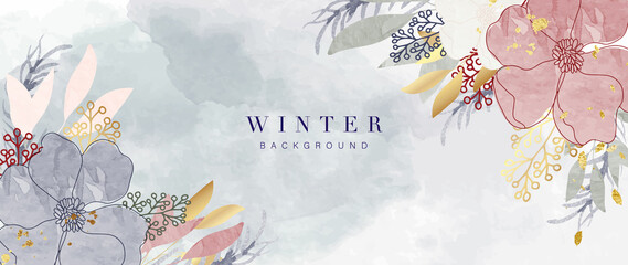 Winter background vector. Hand painted watercolor and gold brush texture, Flower and botanical leaves hand drawing. Abstract art design for wallpaper, wall arts, cover, wedding and  invite card. 