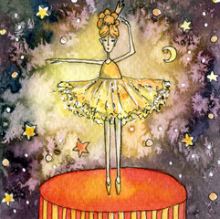 Ballerina fairy on the scene with stars and moon. Hand drawn Watercolor illustration..