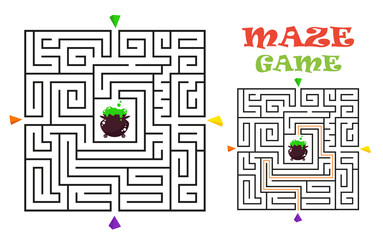 Rectangular halloween maze labyrinth game for kids. Labyrinth logic conundrum. Four entrance and one right way to go. Vector flat illustration
