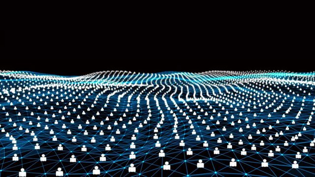 4k abstract Digital blue Wave of nodes with social media symbol dance motion on wave.Futuristic dots background with a dynamic wave.Social network connections.Connecting people on the internet.