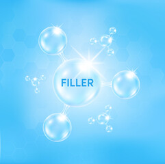 Filler, Botox in molecular form help reduce wrinkle dermal layer on skin face. Facial hyaluronic acid (HA-Filler) Medical and beauty concept. On a light blue background. Vector EPS10 illustration.