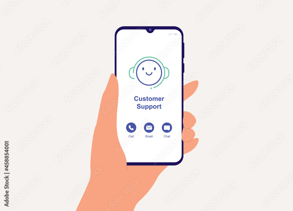 Poster customer using smartphone with a friendly online customer service and support mobile app.