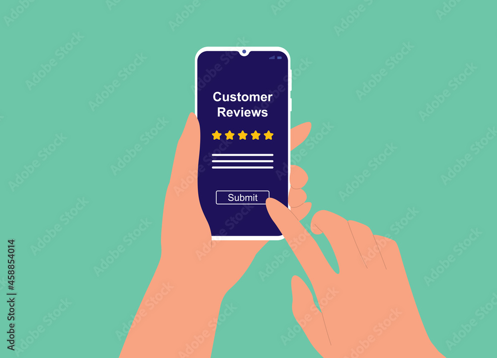 Poster a customer using smartphone to submit customer reviews and giving five star ratings with comments.