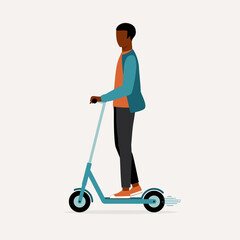 Side View Of A Young Black Man Traveling With An E-Scooter. Urban And Eco-Friendly Transportation. E-Scooter. Micromobility.