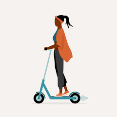Side View Of A Young Black Woman Traveling With An E-Scooter. Urban And Eco-Friendly Transportation. E-Scooter. Micromobility.