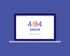 Laptop With 404 Error Page Not Found Message Showing Up On Monitor Screen, The Annoying Emoji Icons Depicting User Frustration.