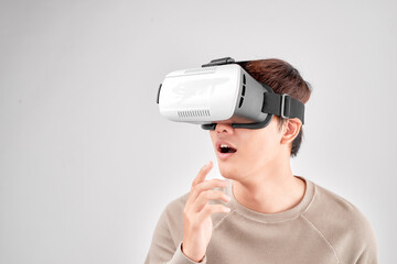 Male executive wearing VR goggles.