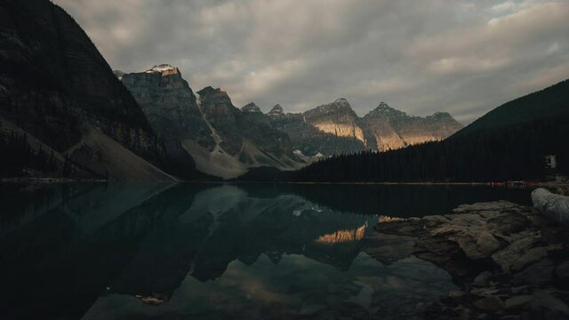Timelapse Of Sunrise At Moraine Lake In Banff National Park With Valley Of Ten Peaks In Alberta, Canada. - cinematic