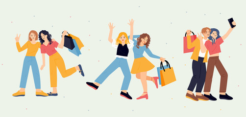 Women are having fun shopping with their friends. hand drawn style vector design illustrations. 