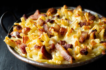 pan of rustic italian american baked cheesy ziti pasta