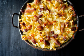 pan of rustic italian american baked cheesy ziti pasta
