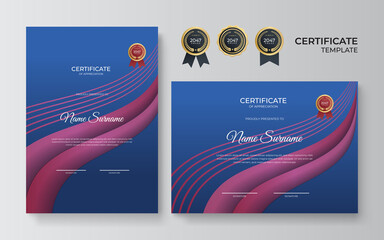 Blue and red certificate of achievement template with gold badge and border