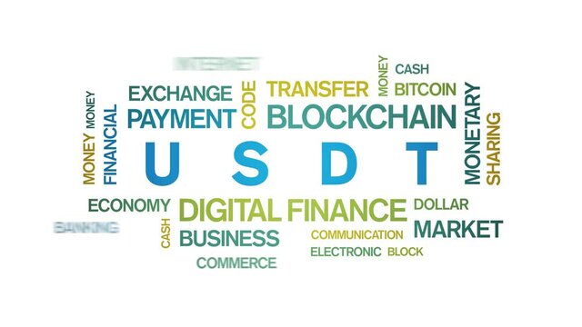 4k USDT Animated Tag Word Cloud;Tether Text Design Animation;Kinetic Typography seamless loop.