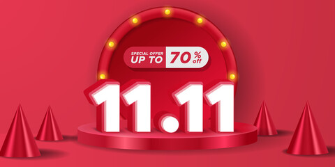 11.11 single's day shopping day discount promotion poster banner advertising final big mega sale with cylinder podium stage display