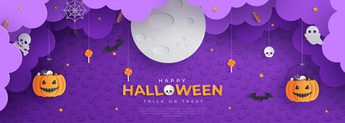 Happy Halloween banner or with night clouds and pumpkins filled with Halloween decorations in paper cut style. Vector illustration. Full moon in the sky, spider webs and bats flying. Place for text