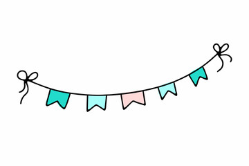 Doodle decorative Garland. Hand-drawn blue festoon isolated on white background. Outline festive decoration with flags, ribbon, bows. Vector illustration for a holiday, birthday, wedding, gender party