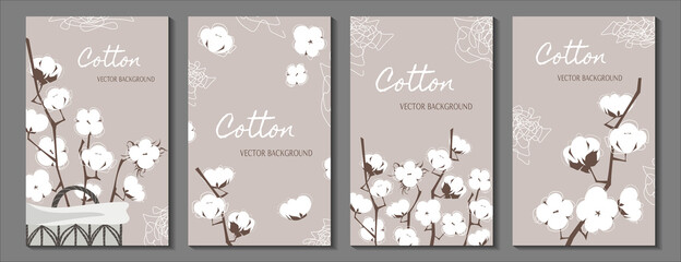 Vector neutral soft vertical backgrounds set with cotton flowers branches and abstract line elements