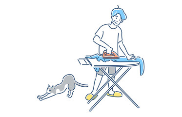 家事をする人物　シニア　男性　アイロンがけ　イラスト