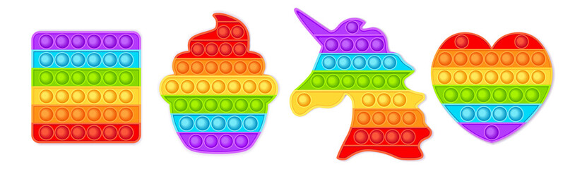 Popit fidget toy.Pop it sensory vector toy. 3d realistic antistress fidgeting toy Rainbow popular popit shaped as unicorn, heart, funny cupcaKe, and square. Bubble pop it fidget vector. - obrazy, fototapety, plakaty