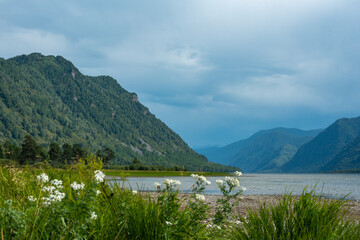 Beautiful mountain lake in summer in cloudy weather