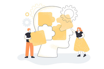 Team of people putting puzzle pieces of huge head together. Man and woman creating personality flat vector illustration. Mental health, psychological help, support, partnership, leadership concept