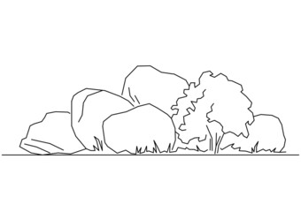 Vector design of a bunch of big rocks and a small tree sketch