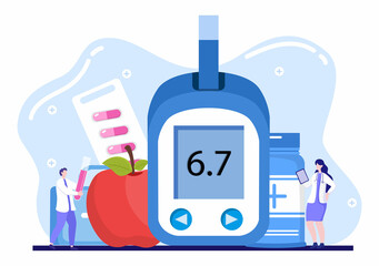 Diabetes Testing with Blood Glucose Meter, Exam Results, Tubes, Syringe to Medical Healthcare and Treatment For Poster Background Vector Illustration