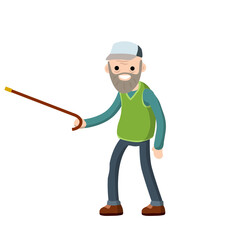 Funny old man with a cane. Senior point direction. Active Lifestyle and recreation grandfather. Cartoon flat illustration