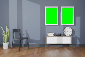 3d rendering illustration of frame poster frame mockup in modern interior background, living room or placing flyer or advertising design