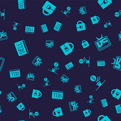 Set Sell button, Monitor with graph chart, Cup of tea and Dollar plant on seamless pattern. Vector