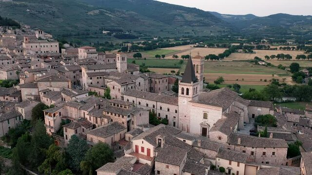 An aerial shot of Spello, an ancient town in Italy