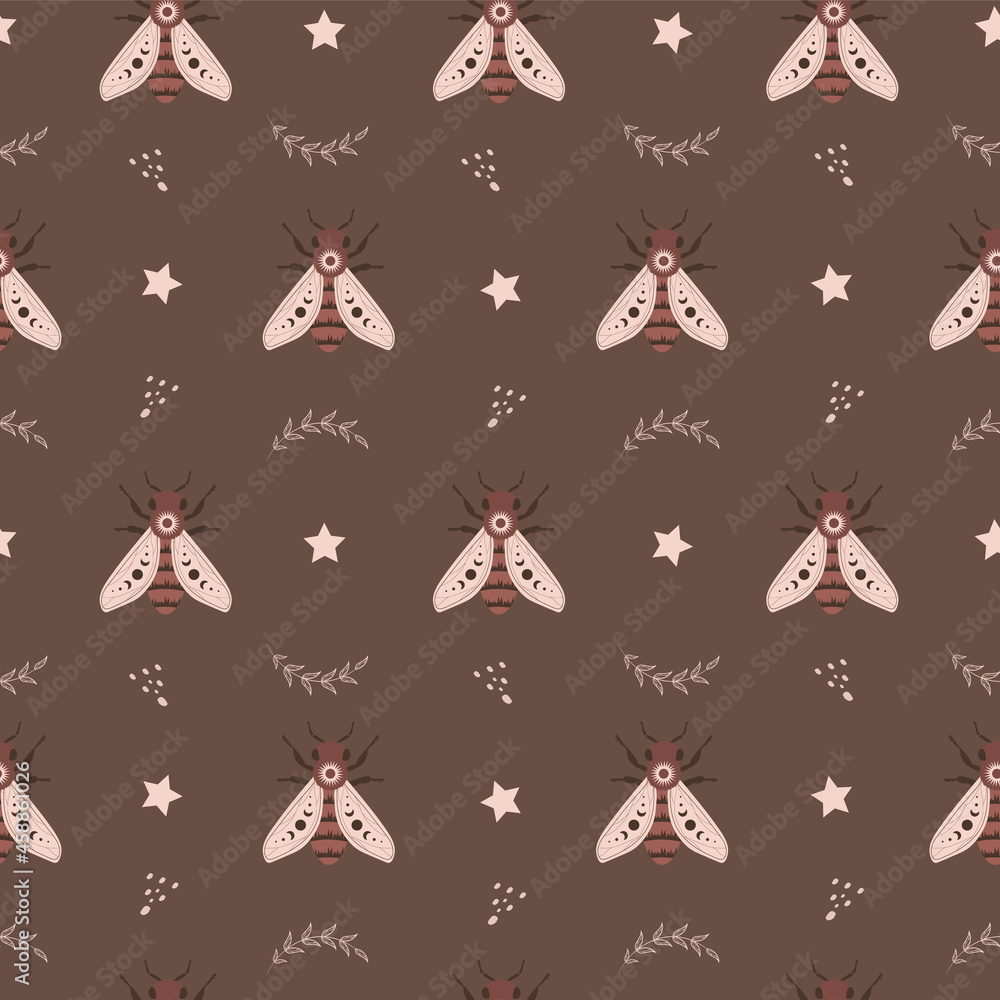Wall mural seamless pattern with boho honeybee. insect with celestial elements. witch and magic symbol for text