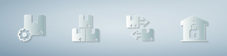 Set Gear with package box, Carton cardboard, Cardboard traffic symbol and Closed warehouse. Paper art style. Vector