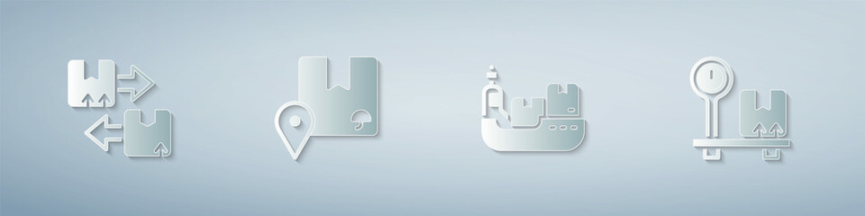 Set Cardboard box with traffic symbol, Location cardboard, Cargo ship boxes delivery and Scale. Paper art style. Vector