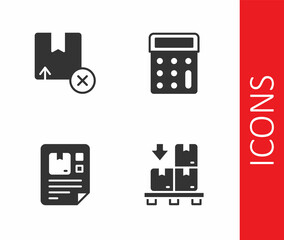 Set Cardboard boxes on pallet, Carton cardboard, Waybill and Calculator icon. Vector