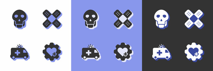 Set Heart with cross, Skull, Ambulance car and Crossed bandage plaster icon. Vector