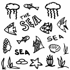 Set of doodle cartoon fish, seaweed, seashell and stones.