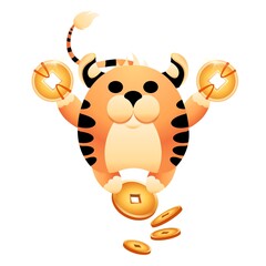 Red symbol of new 2022 year the tiger gives yuans. Striped tiger presents Chinese gold coins as sign of wealth and prosperity. Happy character for cover or April calendar. Vector isolated illustration