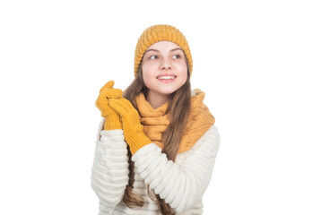 happy kid in knitted hat scarf and gloves warm clothes isolated on white, knitwear