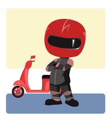 Scooter driver. Biker Cartoon. Child illustration. To stand. In a sports uniform and a red helmet. Cool motorcyclist. Isolated on white background. Vector