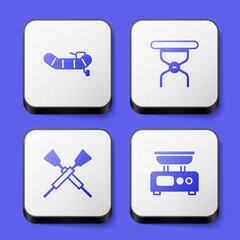 Set Inflatable boat with motor, Camping folding chair, Crossed oars paddles and Electronic scales icon. White square button. Vector