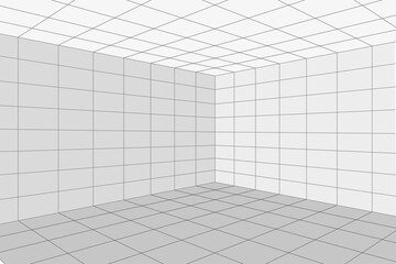 Grid perspective white room corner with gray wireframe background. Digital cyber box technology model. Vector abstract architectural template