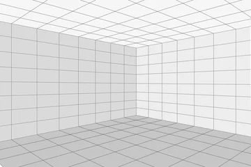 Foto op Canvas Grid perspective white room corner with gray wireframe background. Digital cyber box technology model. Vector abstract architectural template © Tatiana Sidenko