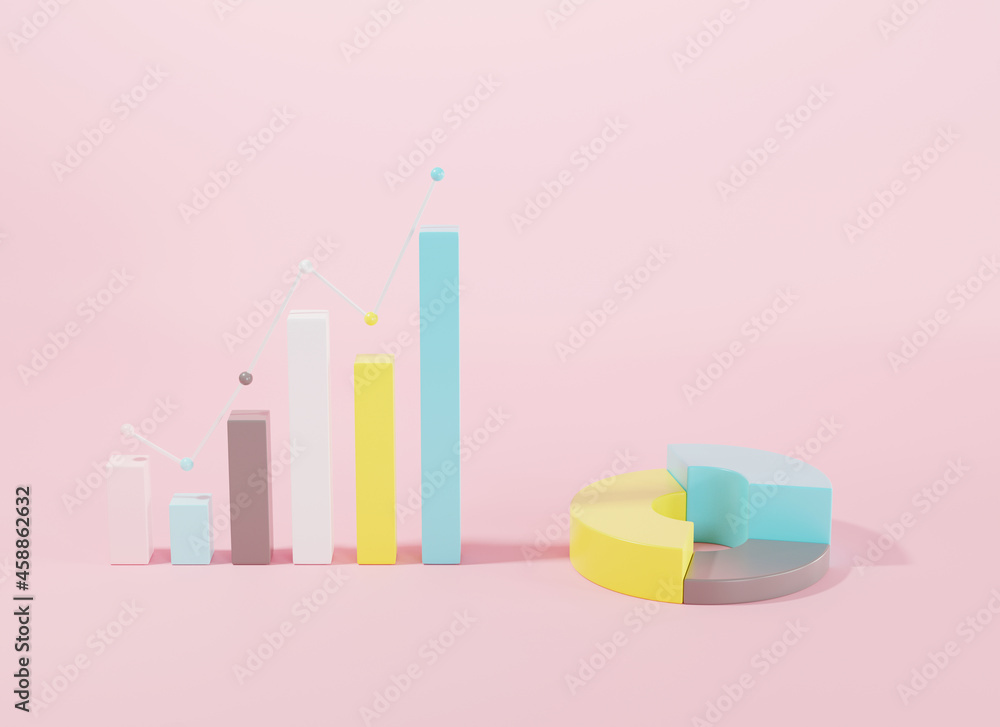 Poster bar and donut chart graph growth diagram infographics elements on pink background, business info cub
