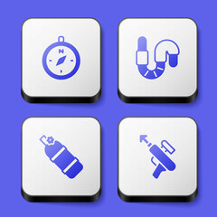 Set Compass, Worm, Aqualung and Fishing harpoon icon. White square button. Vector