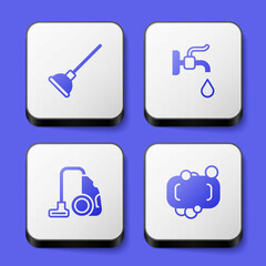 Set Rubber plunger, Water tap, Vacuum cleaner and Bar of soap icon. White square button. Vector