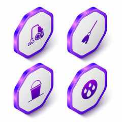 Set Isometric Vacuum cleaner, Handle broom, Bucket and Water drop icon. Purple hexagon button. Vector