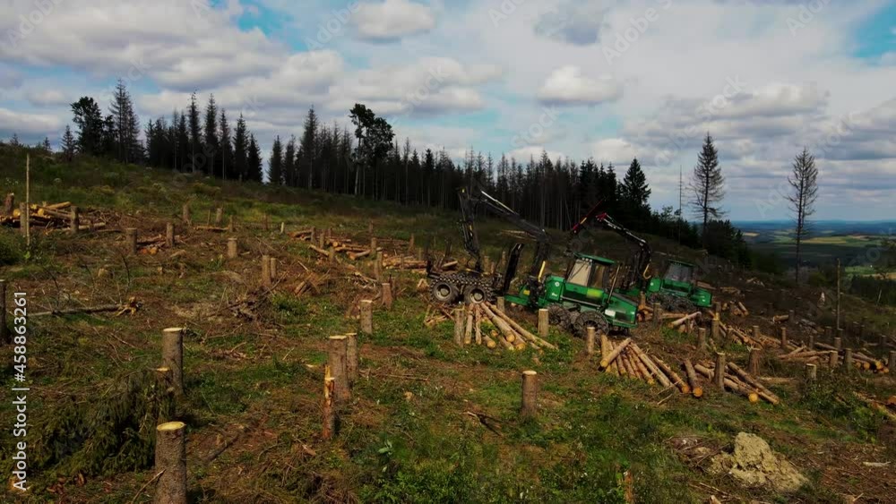 Poster forwarder during clearing forest after trees cutting. arial view of the forestry forwarder transport